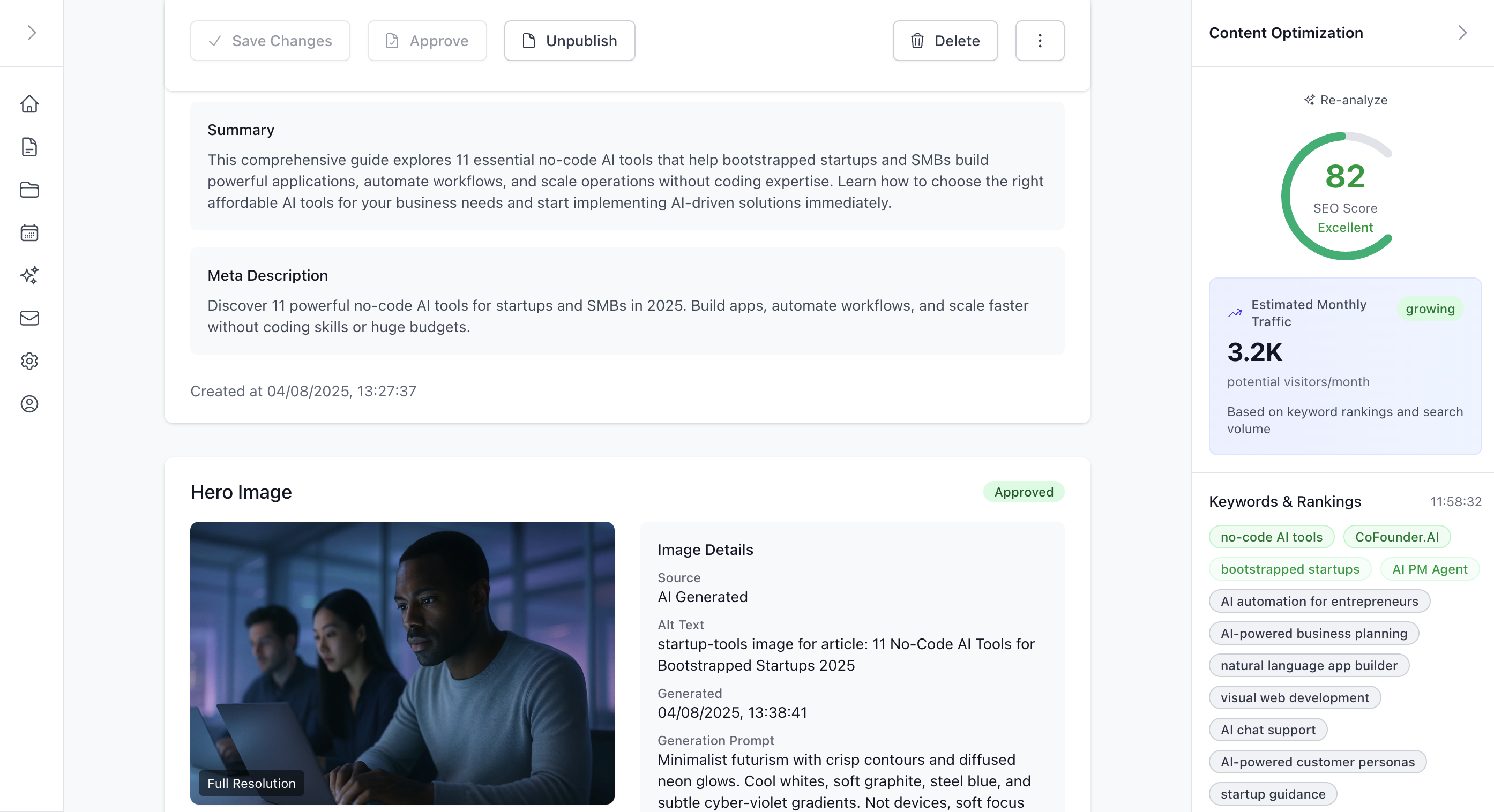 Article editor with SEO optimization and approval workflow